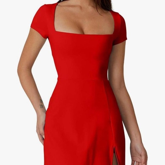 Qinsen Small Square Neck Angled Sleeve Athletic Dress Built in Shorts/Pocket Red - Picture 1 of 7